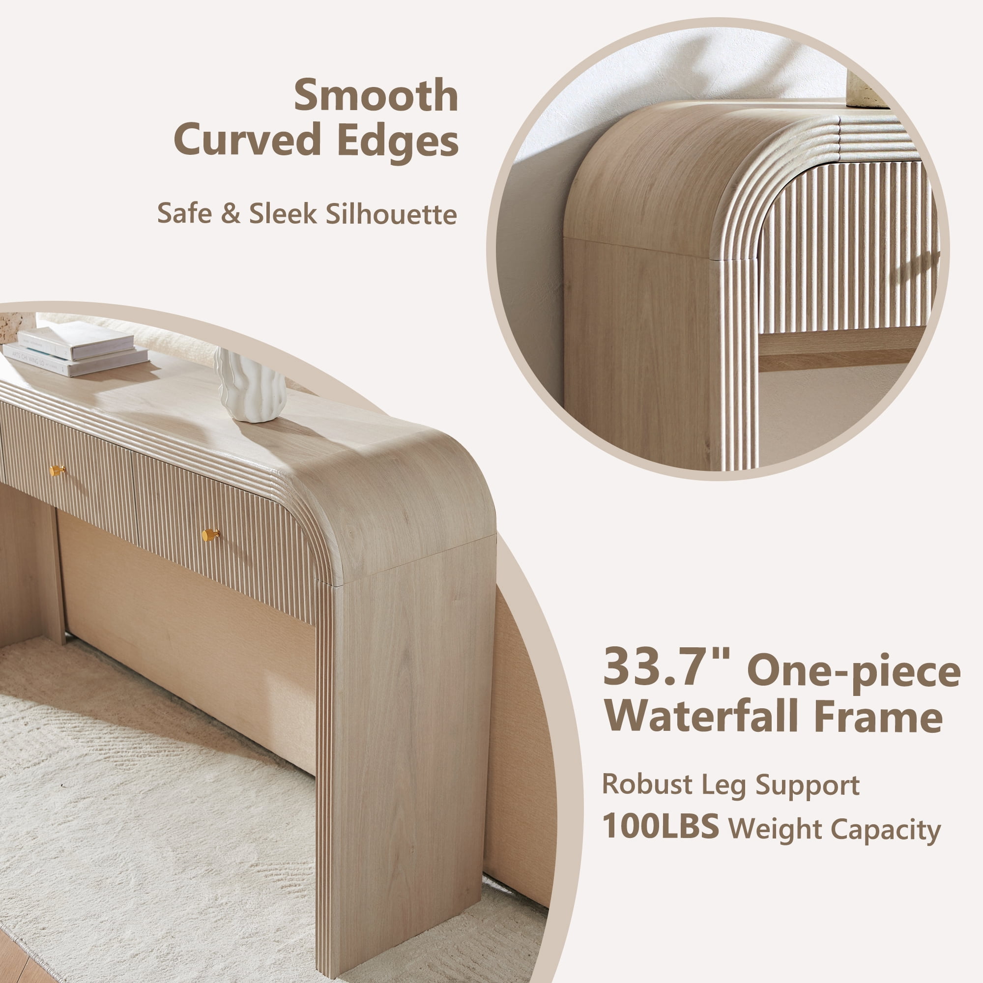 KeyWhat 63" Modern Fluted Console Table with 3 Drawers, Curved Edges & Anti-Tip Safety Kit