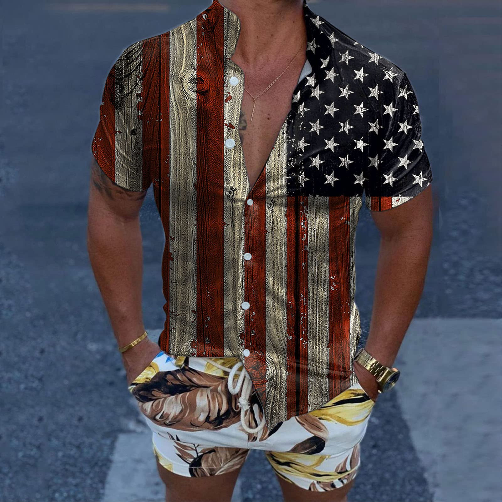 Men's American Flag Casual Button Down 