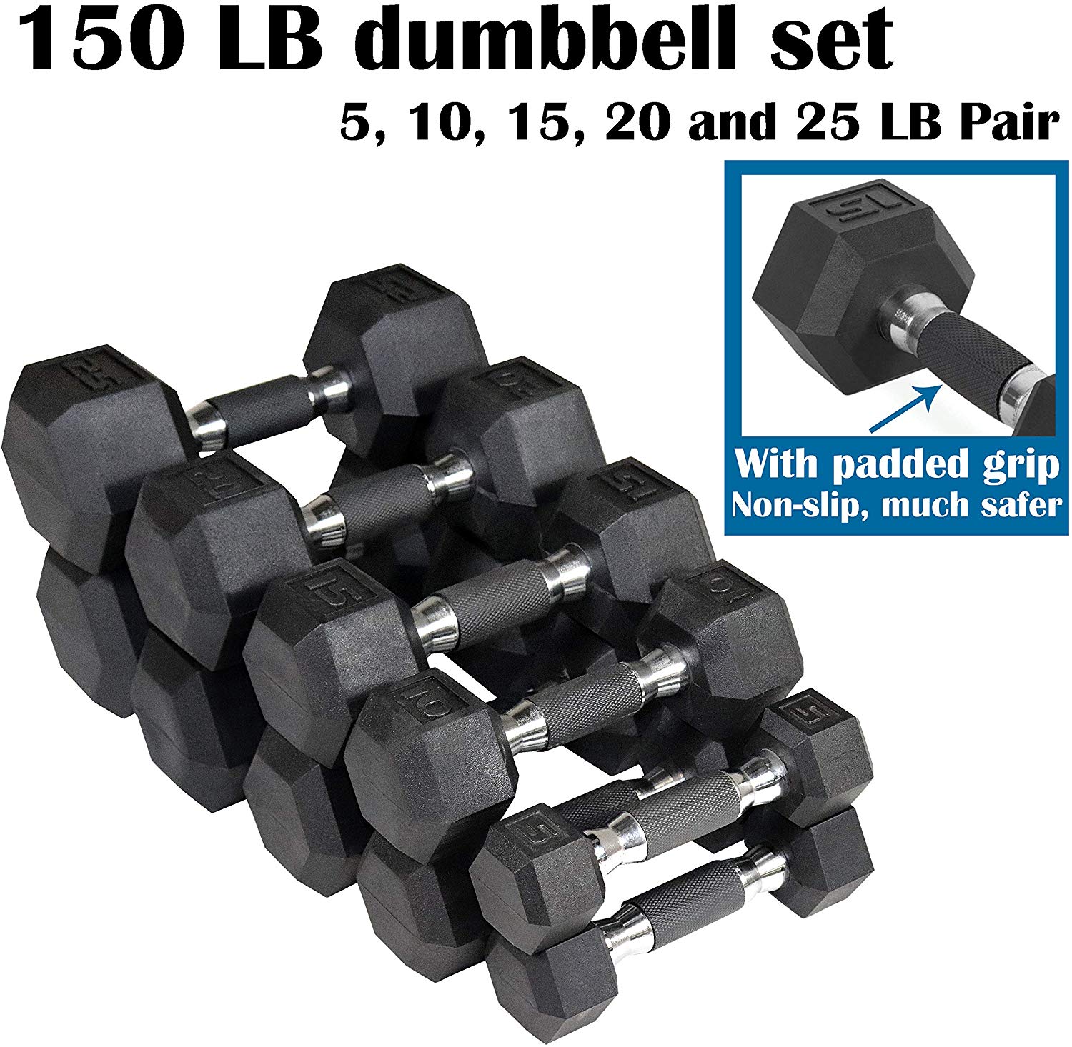 CAP Barbell SDPU Urethane Hex Dumbbell Set with Inlaid Ergonomic Handles - 5, 10, 15, 20, 25 lbs (5 pairs) - Odorless Dumbbells