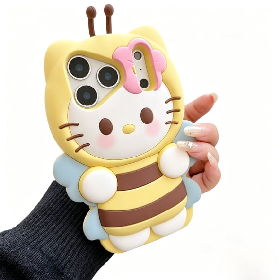 3D Stereo Bee KT Cat Silicone Phone Case for iPhone 17 16 15 14 13 12 11 Pro Max , Cute Cartoon Honeybee Wing Shockproof Soft Protective Cover, Kawaii Girly Phone Shell for Girls Women