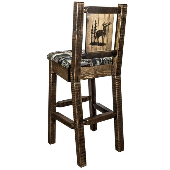Homestead Collection Barstool w/ Back - Woodland Upholstery, w/ Laser Engraved Elk Design, Stain & Lacquer Finish