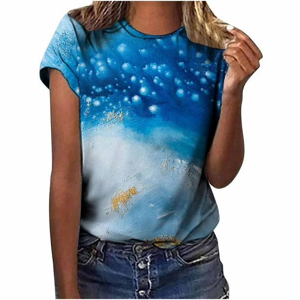 Jersey de cuello redondo de verano para mujer, camisa informal estampada, blusa superior de fondo Pompotops hfajkhk138777