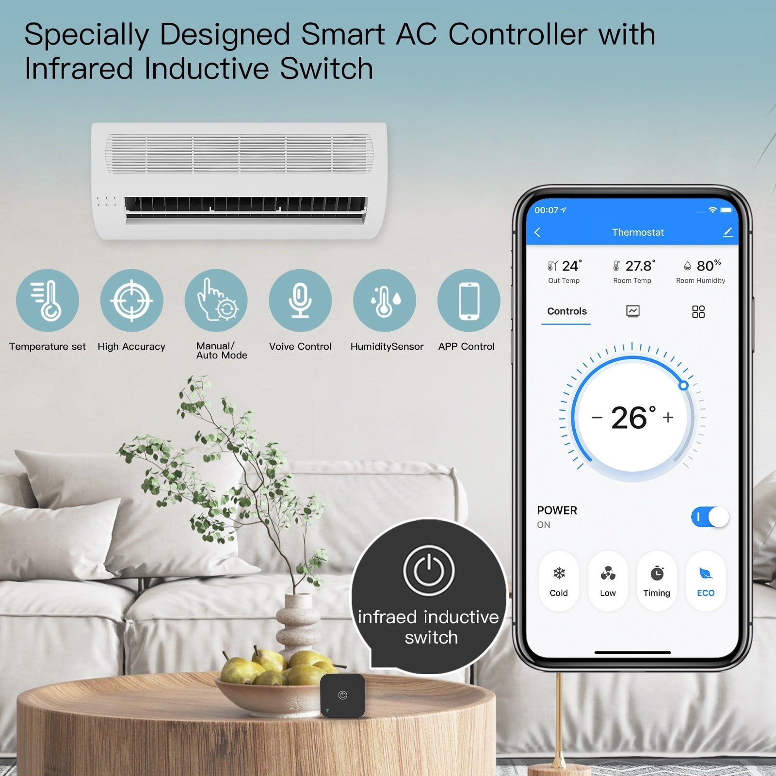 Thermostat AC Controller, Touch Button Tuya APP Wireless Temperature Humidity Sensor Voice ,Temperature calibrating