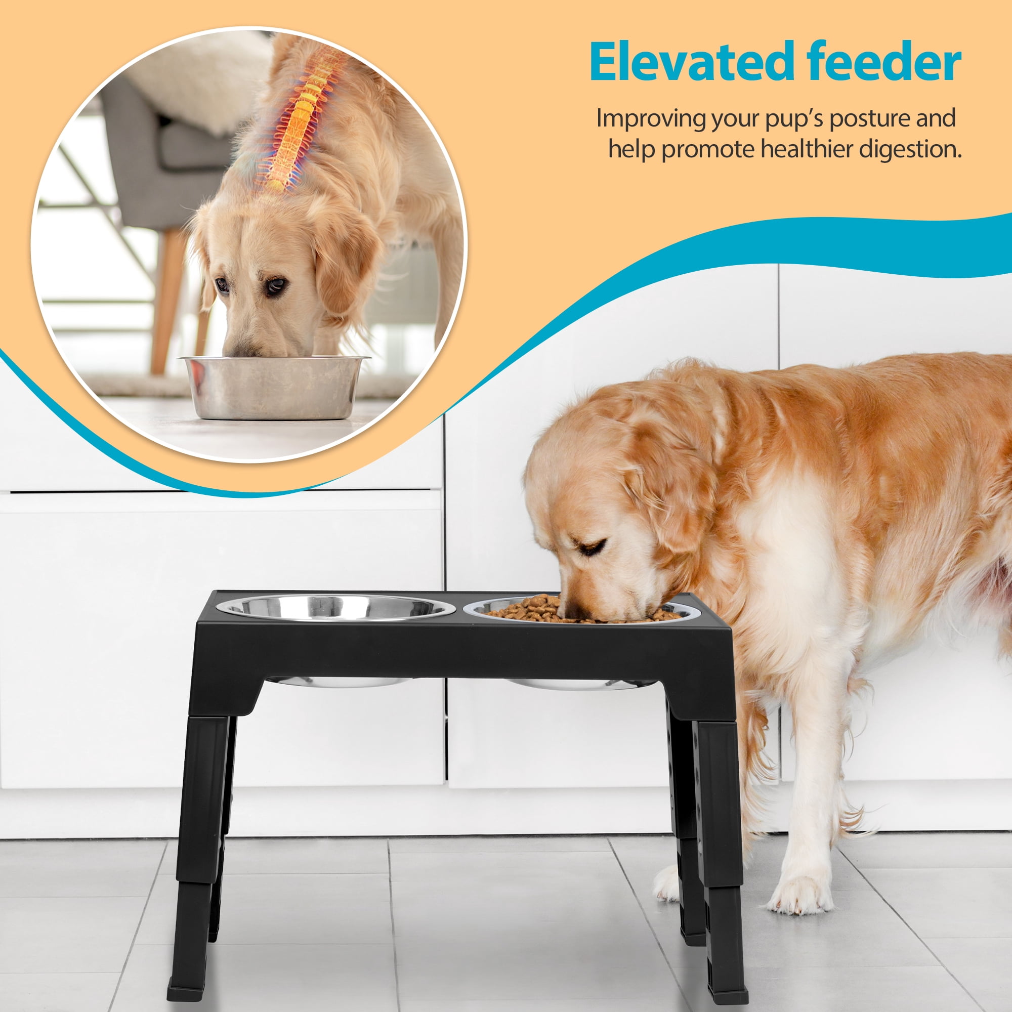 Elevated Dog Bowls Stand with 2 Stainless Steel Food Bowl,5 Height Adjustable,Black