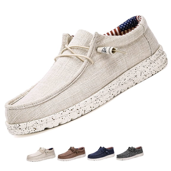 Men's Canvas Slip On Lace up Loafers Causal Comfortable Soft Sole Driving Walking Shoes Outdoor Lightweight Breathable Work Boat Shoes