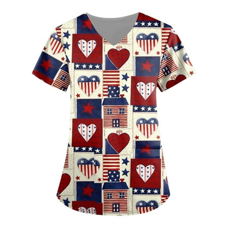 

TQWQT Women Scrub Top Workwear Loose Stretchy Printed Plus Size Working Uniform Blouse Summer Short Sleeve Independence Day Cute Tees Red XXXL