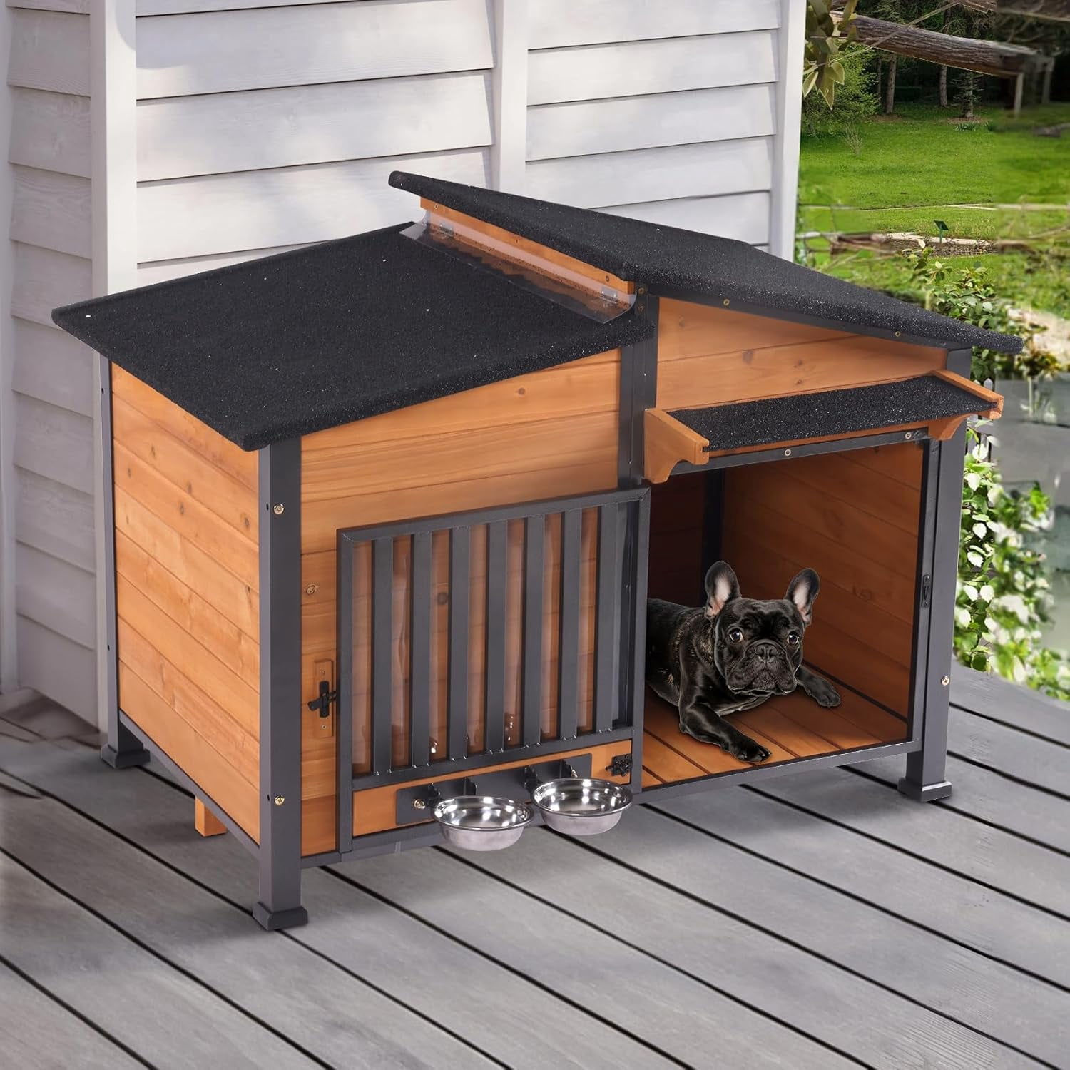 Aivituvin Dog House for Outdoor Use with Matel Frame, Waterproof Design - All-Weather Wooden Kennel with Sliding Window & Metal Frame