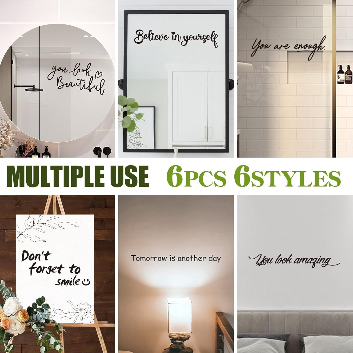 QTH 6pcs Mirror Stickers Quotes Motivational Wall Stickers Inspirational Quotes Mirror Decal Stickers You Look Beautiful Sayings for Bathroom