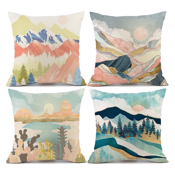 Paquete de 4 fundas de cojín, pintura de acuarela de paisaje natural, decoración de funda de cojín