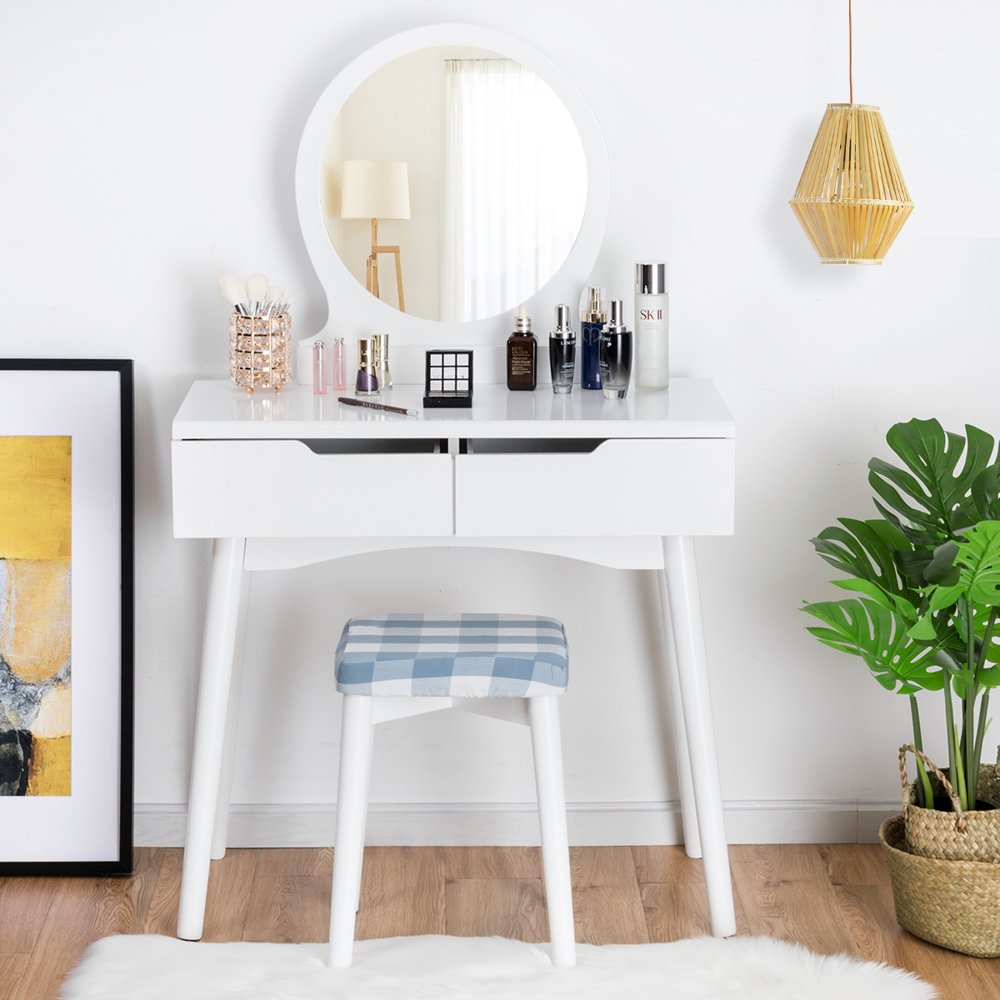 Costway Vanity Table Set with Round Mirror 2 Large Sliding ...