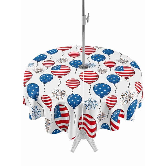 Outdoor Tablecloth with Umbrella Hole for Patio/Picnic/Party/Camping, Independence Day Waterproof Table Cloth Round Cover Washable, USA Flag Balloon Firework Watercolor (Dia 60")