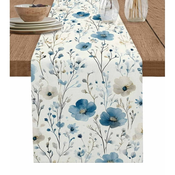 Table Runner Dresser Scarf 13 x 70 Inch Spring off White Lake Blue Flower Leaves Vintage Table Runners Non-Slip Heat Kitchen Dining Table Decor for Indoor Outdoor Home Party Decoration