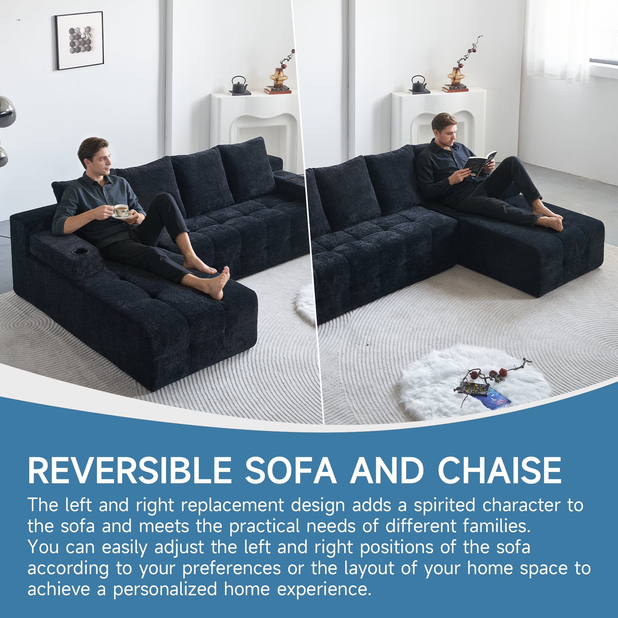 Modern L-shaped Tufted Sectional Sofa with Built-in Wireless Charging & Bluetooth Speaker,Reversible Chaise with Chenille Sofa Couch, USB Port, Cup Holders, Black,Perfect for Small Apartments