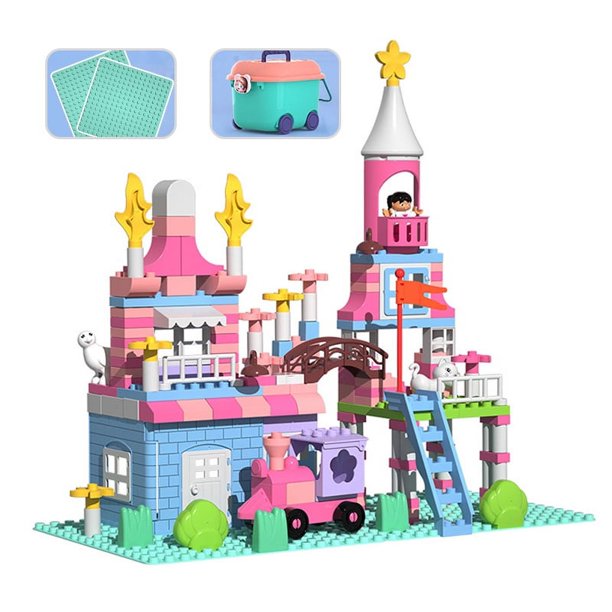 Juego de bloques de construcción tipo castillo, juego de inteligencia de bricolaje multifuncional de gran tamaño, ladrillo de construcción para niños, 2 placas base con cubo de almacenamiento