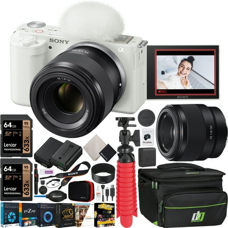 Sony ZV-E10 Mirrorless Alpha APS-C Vlog Camera Body and 50mm F1.8 Large Aperture FE Lens SEL50F18F ILCZV-E10/W White Bundle with Deco Gear Case + Extra Battery + Photo Video Accessories Kit