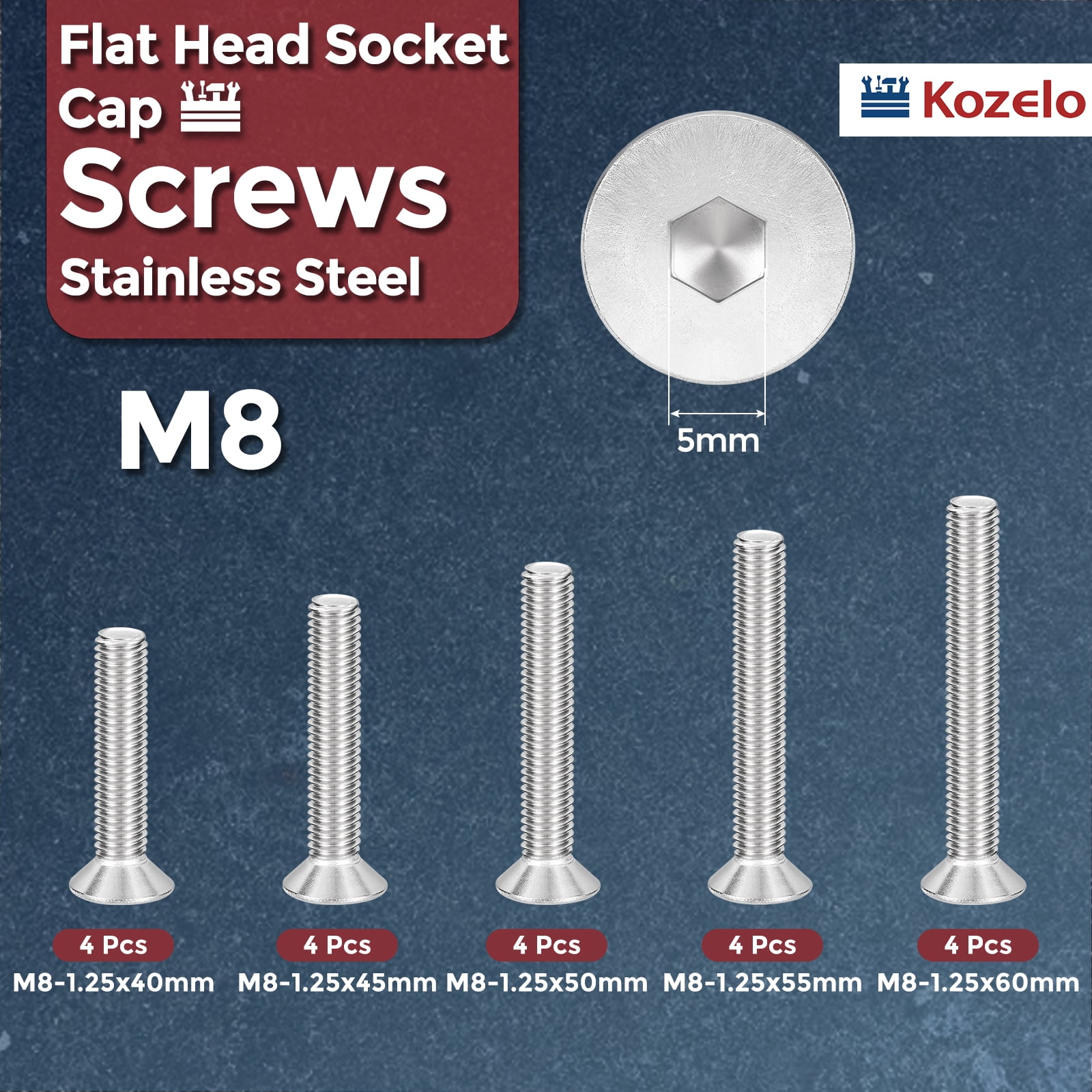 Uxcell 20Pcs Flat Socket Cap Screws - [M8x1.25x40/45/50/55/60], 304 Stainless Steel 18-8 Countersunk Bolt, Silver, for Automotive, Furniture Repair, Industrial Equipment Fixes