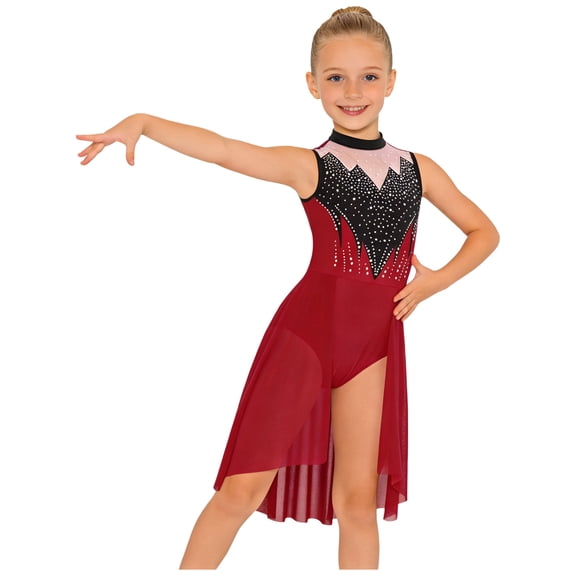 TSSOE Kids Girls Lyrical Dance Dress Sleeveless Mesh Overlay Sparkle Rhinestones Figure Skating Leotard Dress Burgundy 6