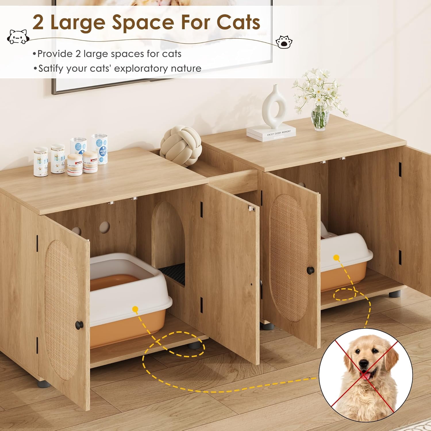 DSstyles Cat Litter Box Enclosure 55.1" Double Litter Box Furniture Large Cat Box Enclosure Kitty Litter Box for 2 Cats Hidden Cat Litter Cabinet Double Cage with Cat Litter pad Rattan Door