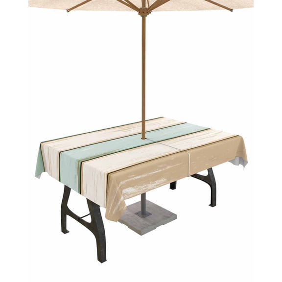 Fsddascl Teal Green Wood Grain Outdoor Tablecloth - 54x80 Inch Rectangle Dining Table Cover, Vintage Country Shabby Stripes Waterproof Outdoor Table Cloth with Umbrella Hole & Zipper for Patio