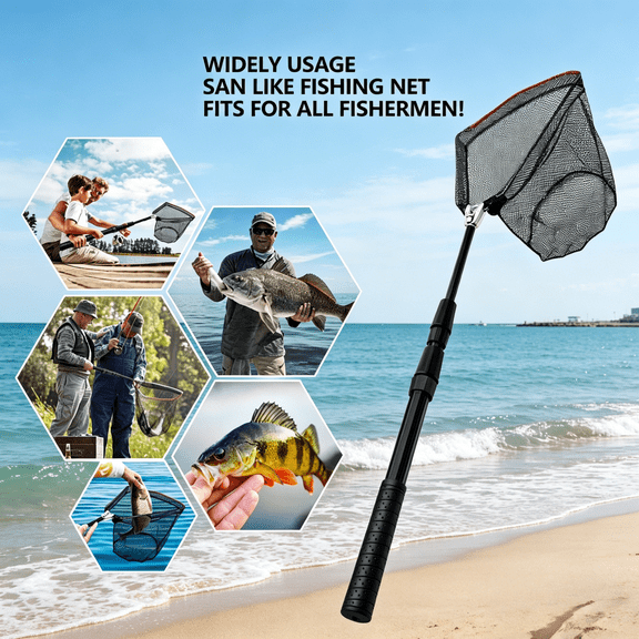 Fishing Net Fish Landing Net Collapsible Fish Net with Anti-Slip Telescoping Rubber Pole Handle,Collapsible Telescopic Landing Net for Kids Adults