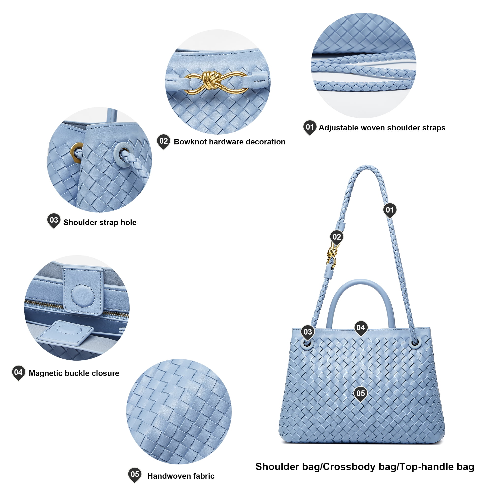 Woven Bag for Women Shoulder Purse: Vegan Leather Handbag - Handmade Tote Bag - Elegant Satchel Bag with Bowknot (Blue Color)