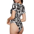 thumbnail image 3 of KLL Women 's Crew Neck Bodysuit Jumpsuits Lilies Flowers Print Short onesies Stretch T Shirts, 3 of 7