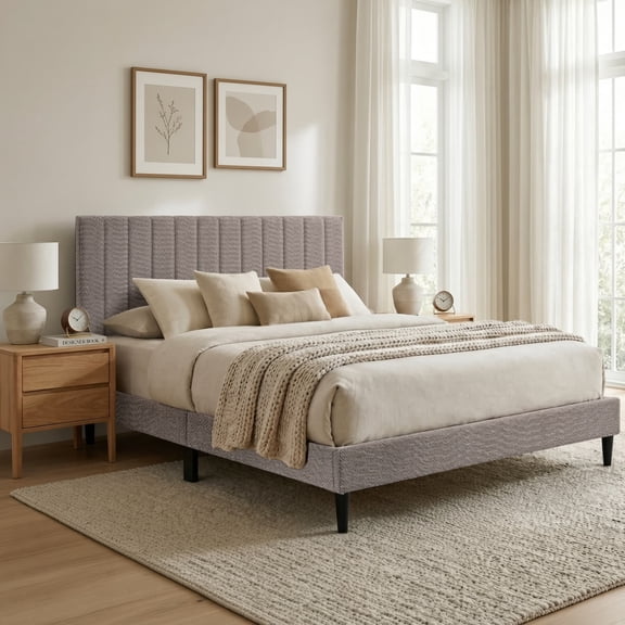 Queen Upholstered Platform Bed, Tufted Channel Boucle Headboard, Mid-Century Soft Bed Frame with Wood Slat Support, No Box Spring Needed for Bedroom, Gray