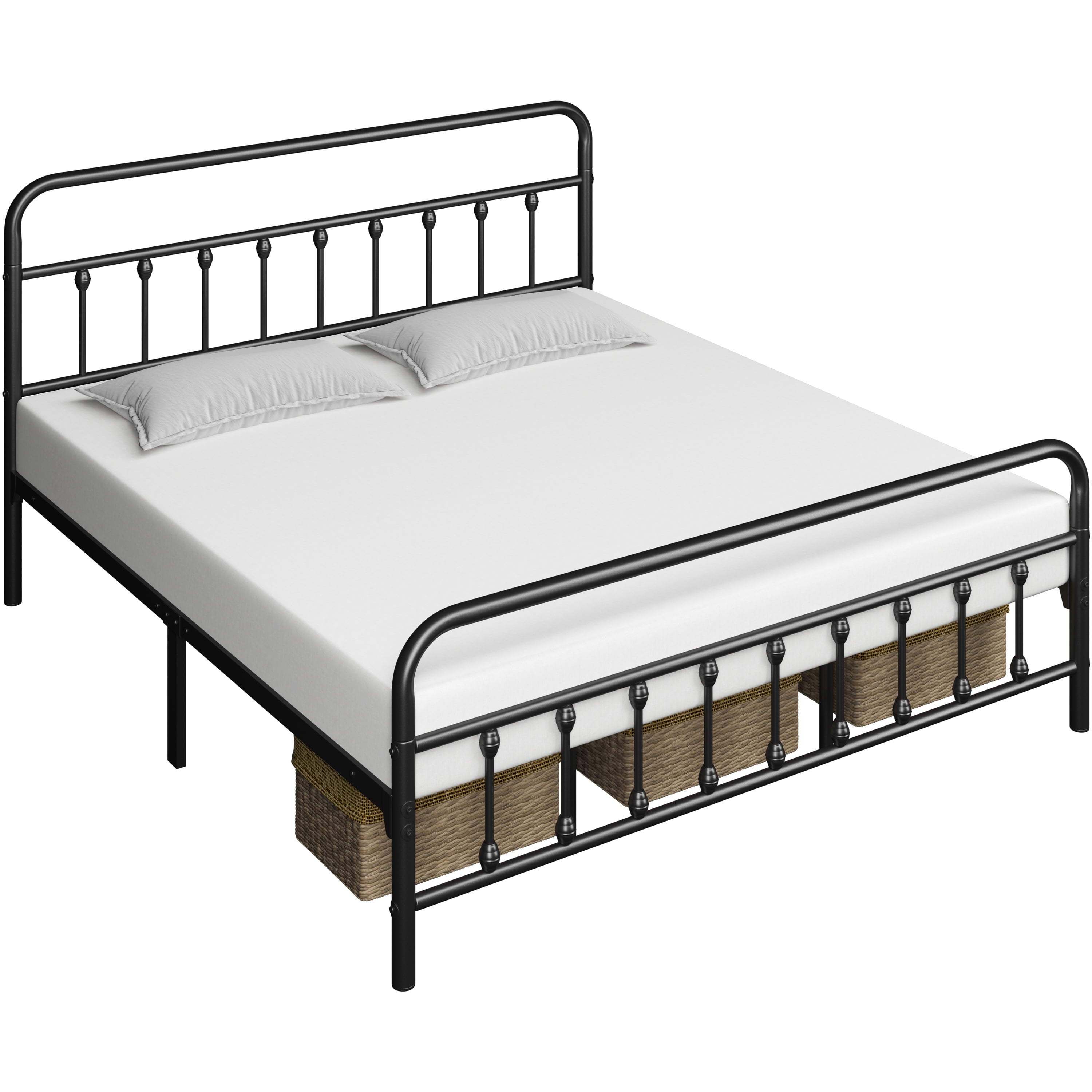 Alden Design Queen Size Classic Iron Platform Bed with High Headboard and Footboard, Black
