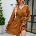 thumbnail image 5 of Usmixi Womens Dresses Long Sleeve V-Neck Solid Mini Summer Dress Tie Waist Flowy Pleated Swing Casual A Line Dresses Yellow Up to 65% off, 5 of 7