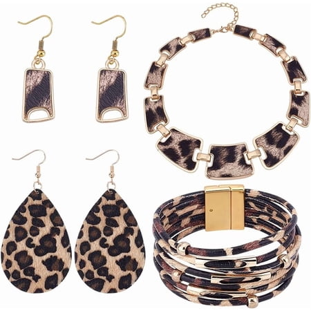 Bohemia Leopard Jewelry Set Leopard Print Necklace Multilayer Leather Wrap Bracelets Teardrop Leather Earrings Trapezoid Earrings for DIY Women Cosplay Party Costume