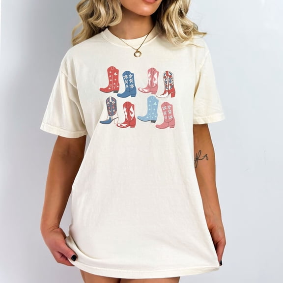 4th of July Cowgirl Boots Shirt, Western Red White and Blue Tee, Patriotic American T-Shirt, Independence Day USA Top