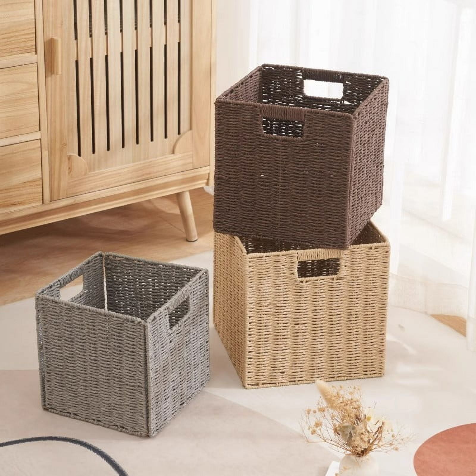 Set of 2 Wicker Storage Basket, Hand-Woven Storage Baskets for Shelves with Handles Foldable Cube Storage Baskets Bins, 8.9 inch
