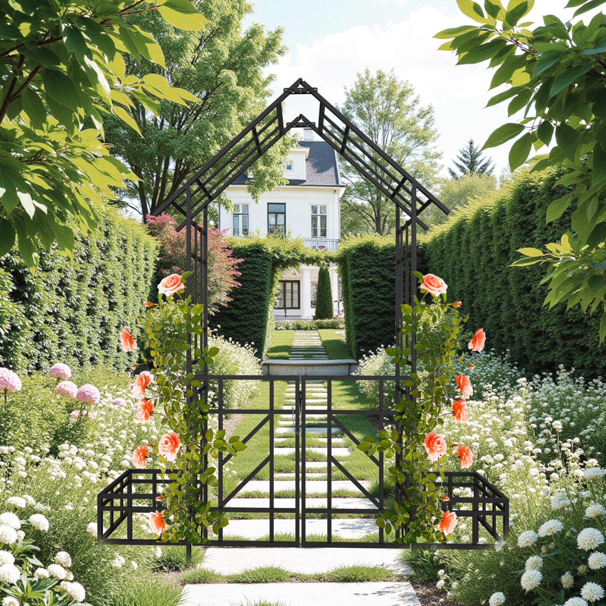 Yoneston 97.24" H Metal Garden Arbor with Gate and Planter, Garden Arch for Climbing Plants Support Rose Arch for Outdoor, Black