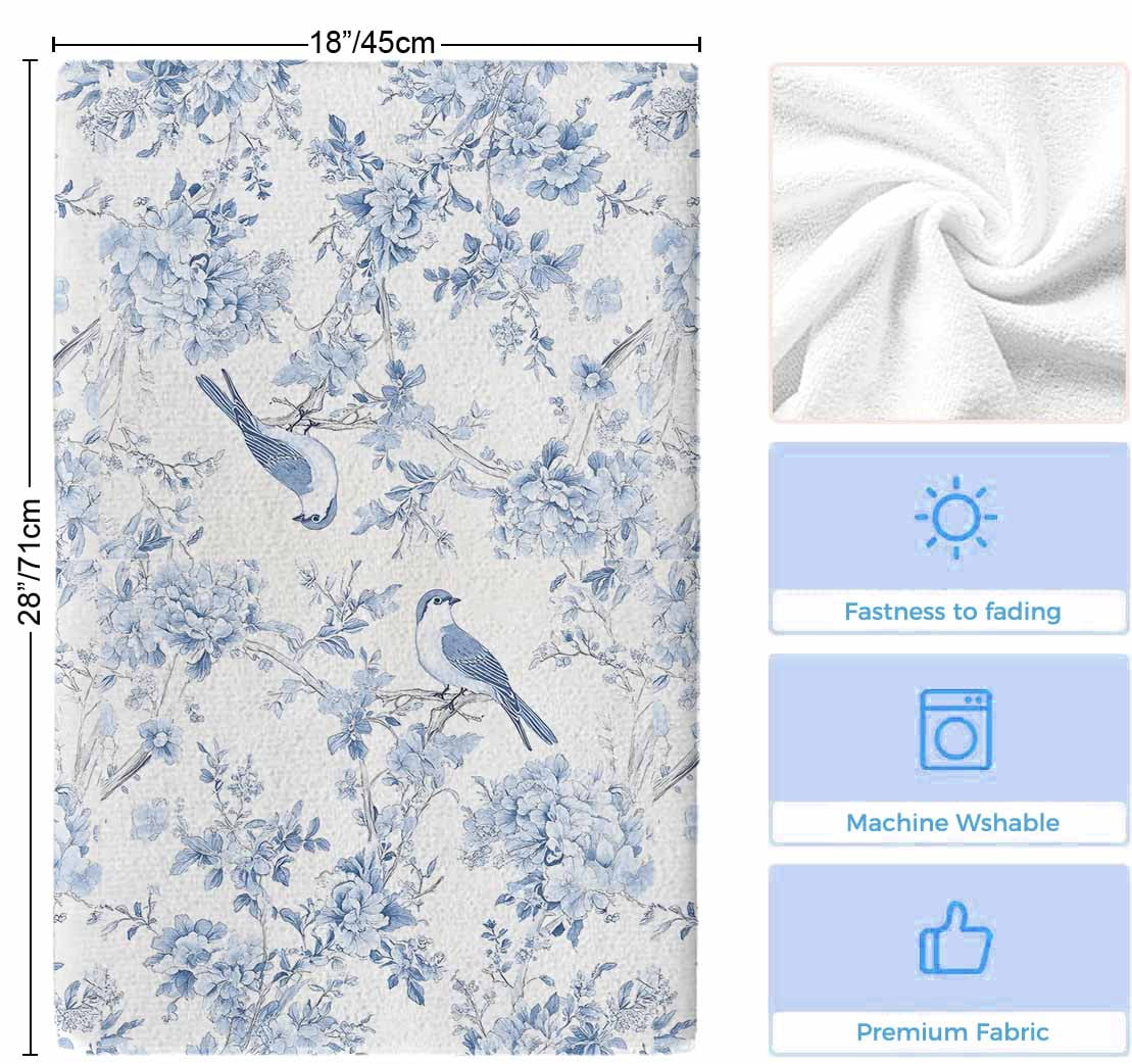 Blue White Flowers Kitchen Towels Set of 2, Spring Summer Floral Botanical Soft Microfiber Dish Towels, Absorbent Quick-Dry Washable Dishcloths for Kitchen Cleaning, Drying Dishes, 18x28 Inches