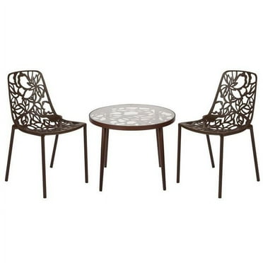 19 x 23 x 23 in. Devon Mid-Century Modern 3 Piece Aluminum Outdoor Patio Dining Set with Tempered Glass Top Table & 2 Stackable Flower Design Chair, Brown