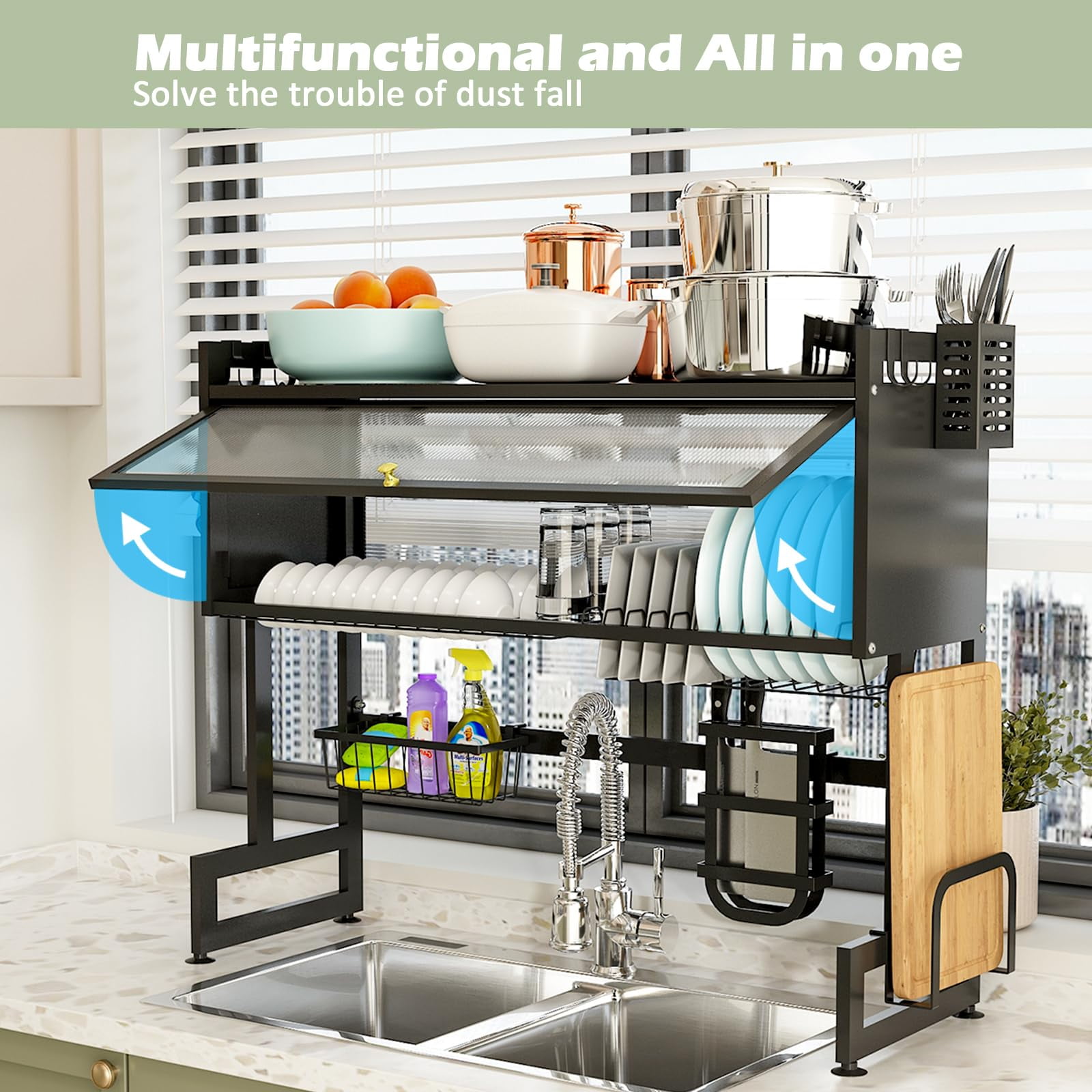 3 Tier Over The Sink Dish Drying Rack, Large Capacity Dish Rack With Cover, Expandable Length & Height, Adjustable Metal Dish Drainer For Kitchen Counter, Space Saving