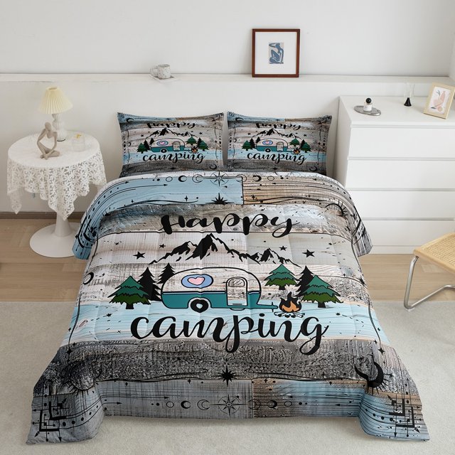 YST Camper Bedding Set Queen Happy Camping Comforter Set Rv Bunk Accessories Quilt Bedding For Travel Trailers,Boho Moon Stars Decor For Camper Car,Rustic Farmhouse Adventure Duvet Insert