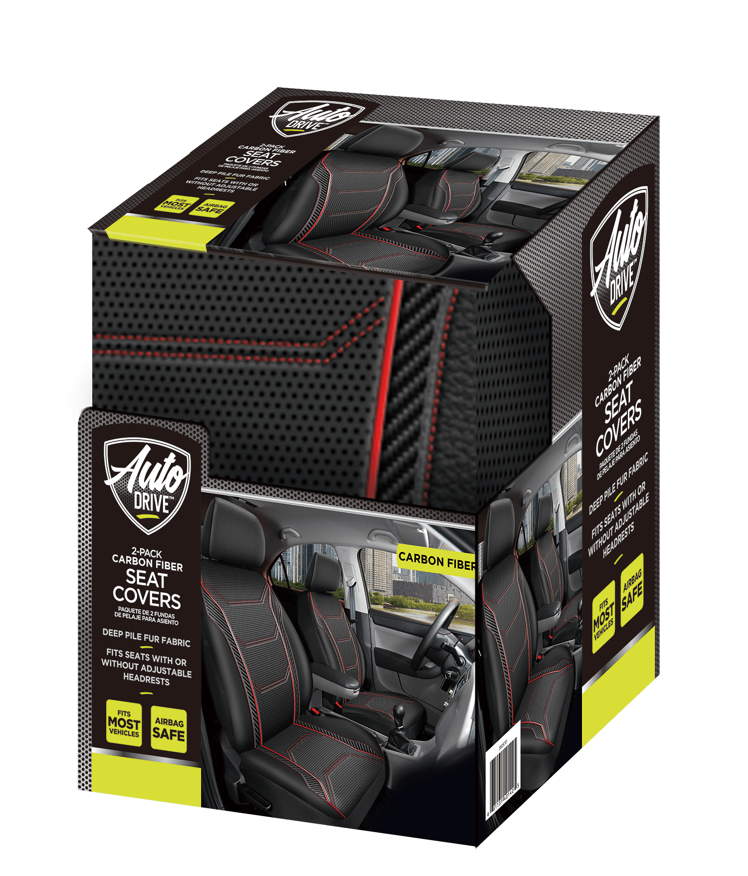 Auto Drive 2Piece Car Seat cover Carbon Fiber Black with Piping - Universal Fit, 23SC172
