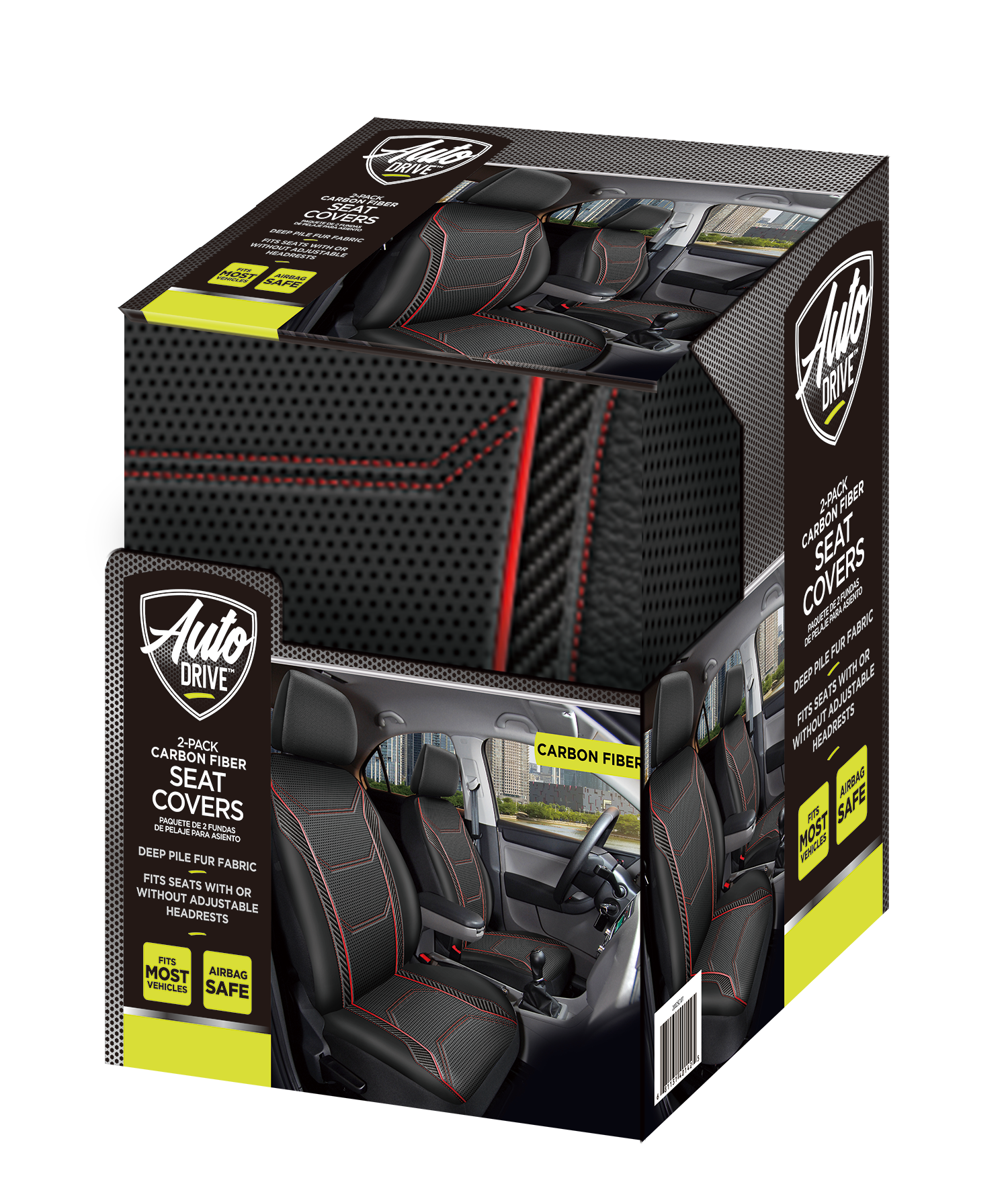 AUTO DRIVE 2PIECE CAR SEAT COVER CARBON FIBER BLACK WITH PIPING – UNIVERSAL FIT, 23SC172
