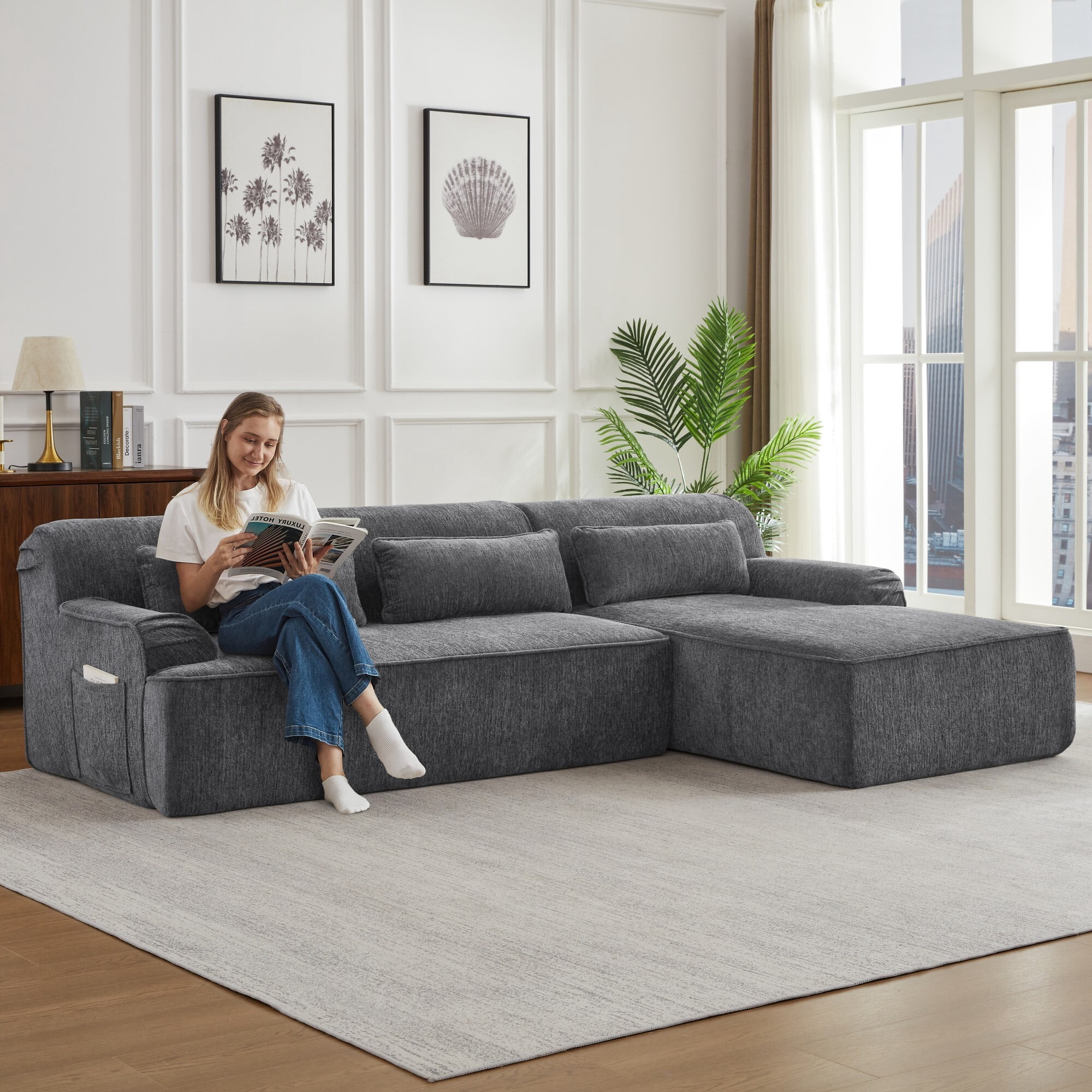 DEALTOPS Convertible L-Shaped Sectional Sofa with Right Chaise – Chenille & Foam Material, Storage Pockets, Gray
