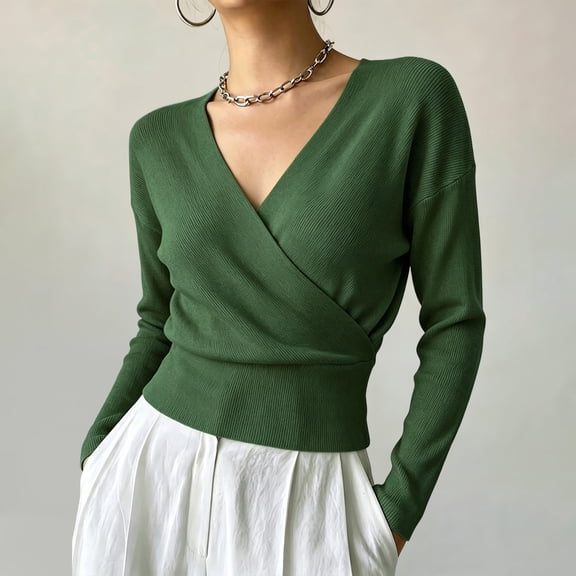 Yteetum Women's Cross Wrap V Neck Sweater Tops Long Sleeve Ribbed Knit Slim Pullover Sweater Shirts Casual Solid Loose Comfy Basic Blouses Fall Winter Outfits