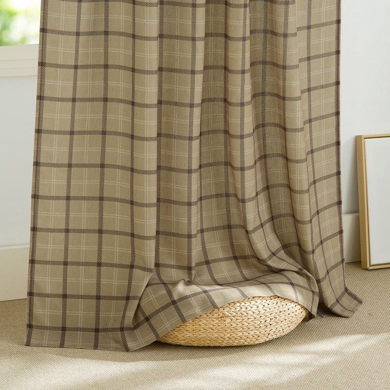 NICETOWN Check Plaid Linen Curtains for Bedroom, Semi Sheer Linen Grid Pattern Curtains Rod Pocket Back Tab Light Filtering Linen Windowpane Curtains, Linen, 52"x63", 2 Panels