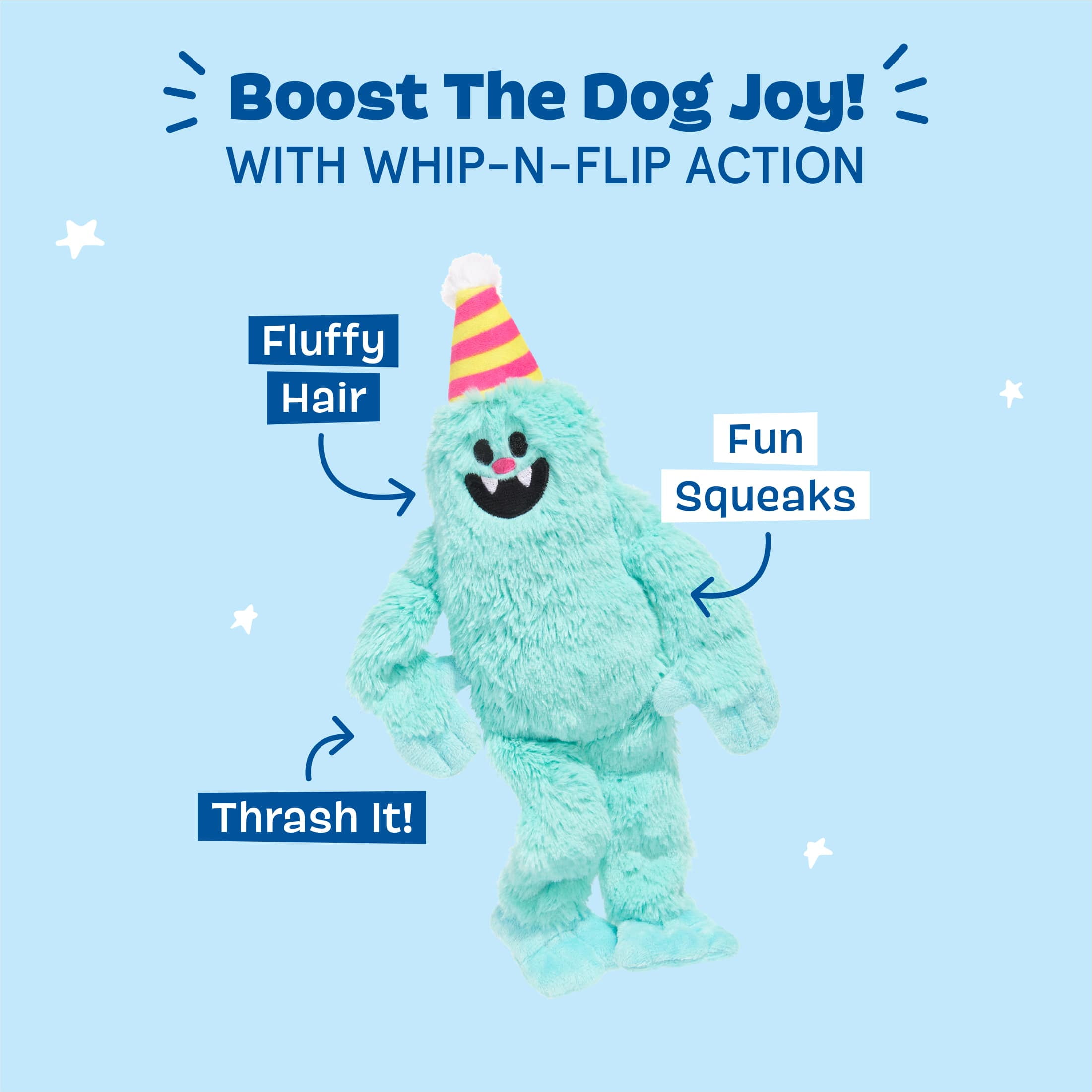 BARK Party Monster Marty Birthday Party Monster Blue Plush Dog Toy Large