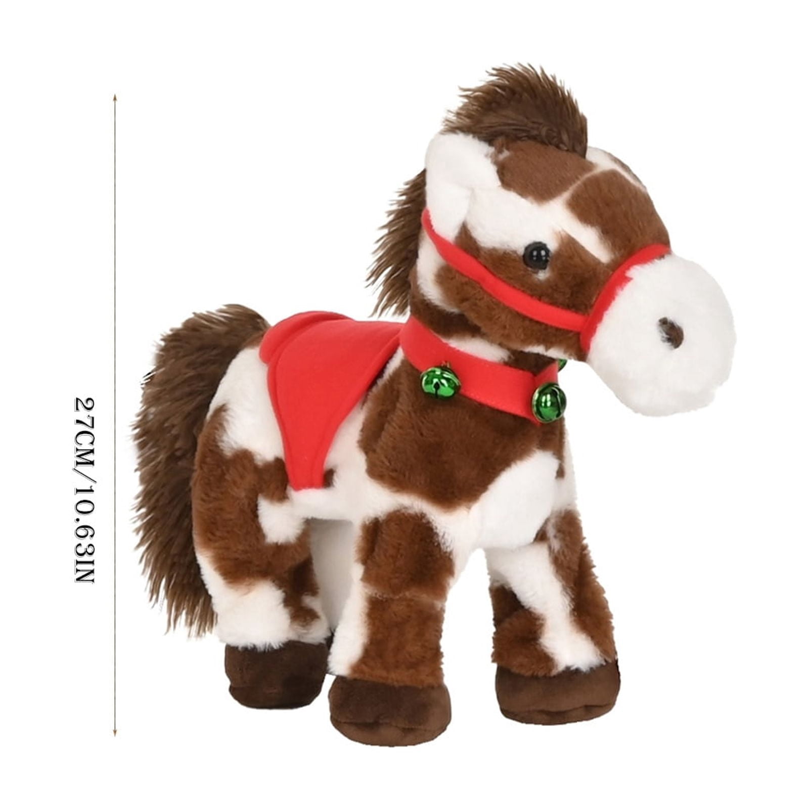 Spotted Electric Plush Horse, Interactive Soft Adorable Pony with Joyful Neighing Sound Cute Plushie Red Saddle Green Jingle Bell Walking Head Tail Stuffed Pet Christmas Birthday Gifts,1PC, 10 Inch