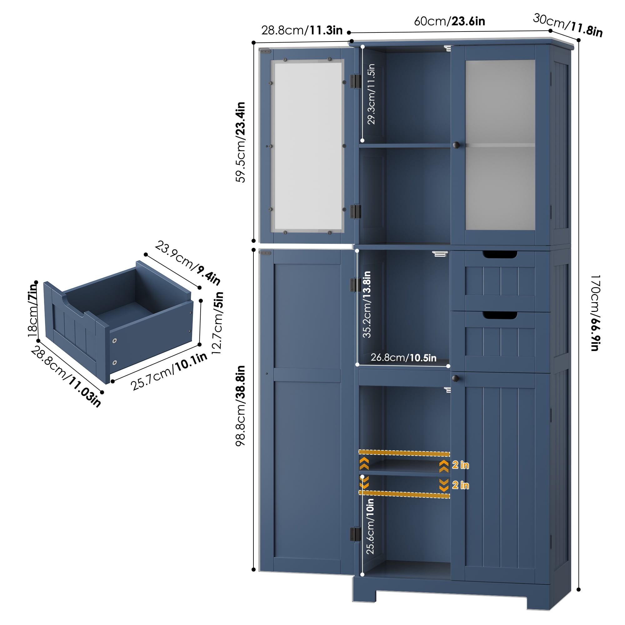 Homfa 67" Tall Bathroom Cabinet, Linen Cabinet with Doors and Removable Drawers, Kitchen Cupboard, Blue