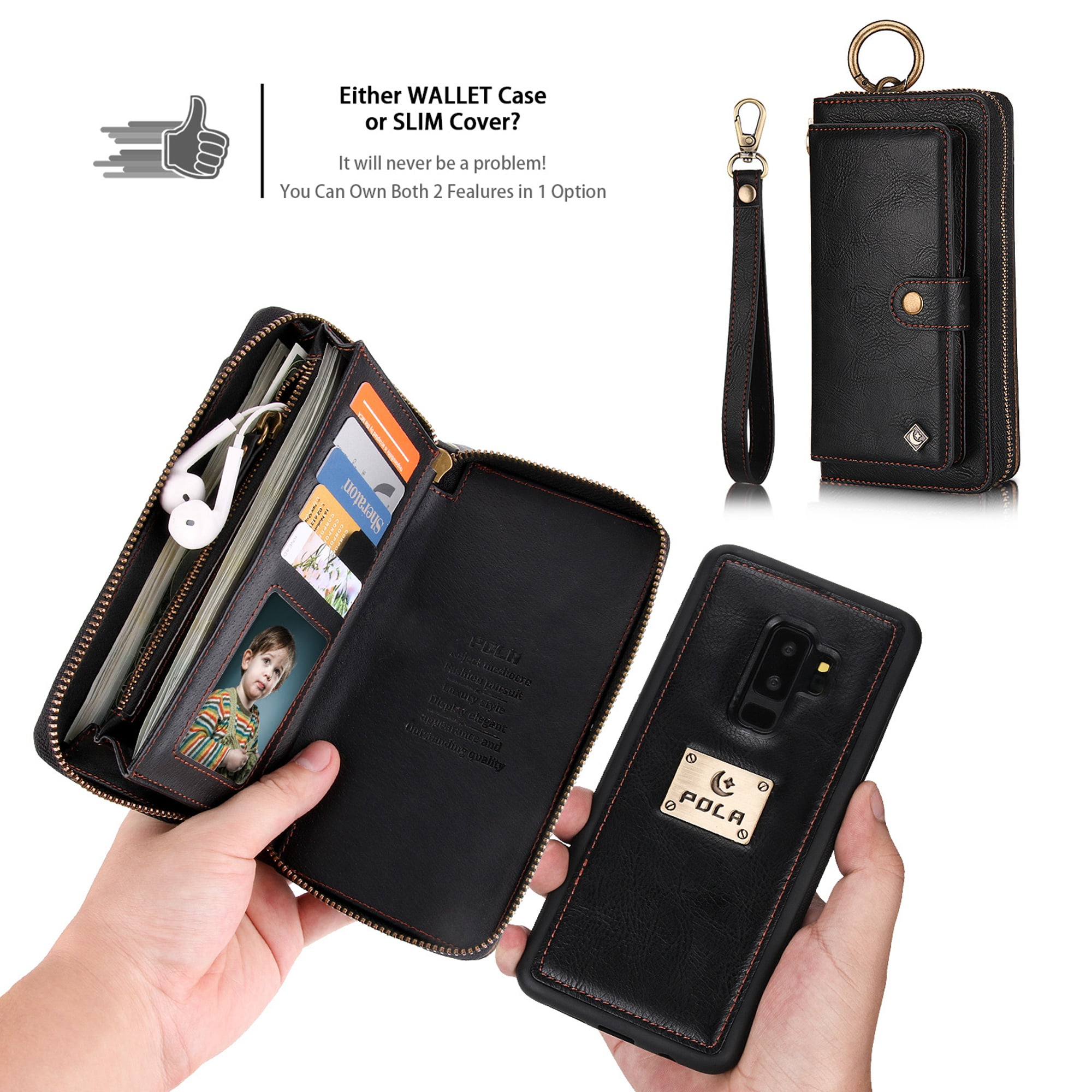 Galaxy S9 Plus Wallet Detachable Case, Dteck [wrist band][14 Card Slots] Zipper Purse Phone Case Multi-functional Folio Flip PU Leather Removable Magnetic Back Cover For Samsung Galaxy S9+,Black