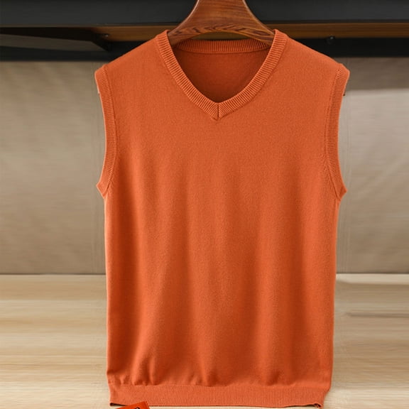 SYMOID Men's Acrylic Sleeveless V-Neck Vest - Wrinkle-Resistant, Multi-Seasonal Layering - Size XL, Orange