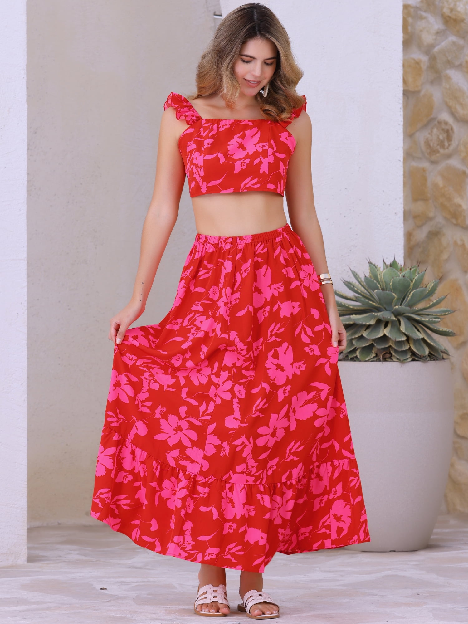 DARING DIVA Floral Print 2 Pieces Set  Summer Tank Top Maxi Skirt M Red