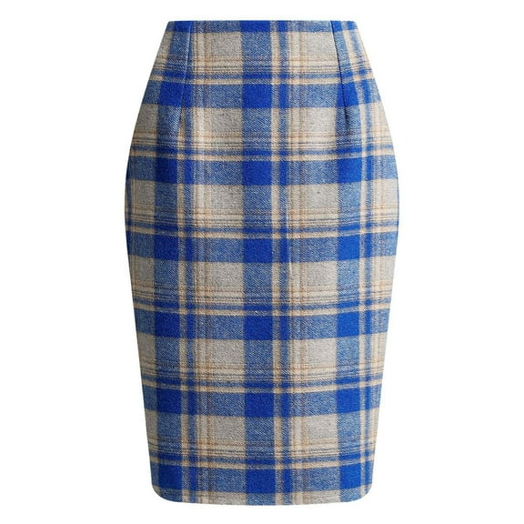 Zunfeo Fall Winter Skirts for Women 2023 Knee Length Woolen Vintage Classic High Waisted Pencil Skirts Plaid Midi Skirts Blue 10