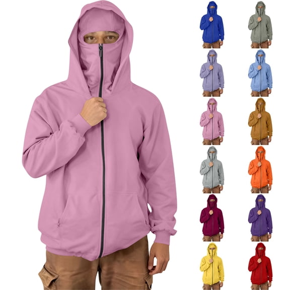 Hoodies for Men Lightweight Jackets Full Zip Men's Cargo Solid Color Pocket Warm Long Sleeved Double Hat Hooded Casual Pink S